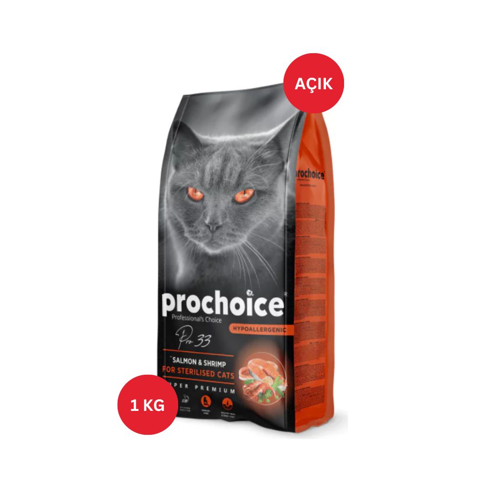 ProChoice Pro33 Somonlu Ve Karidesli Kısırlaştırılmış Kedi Maması 1kg AÇIK